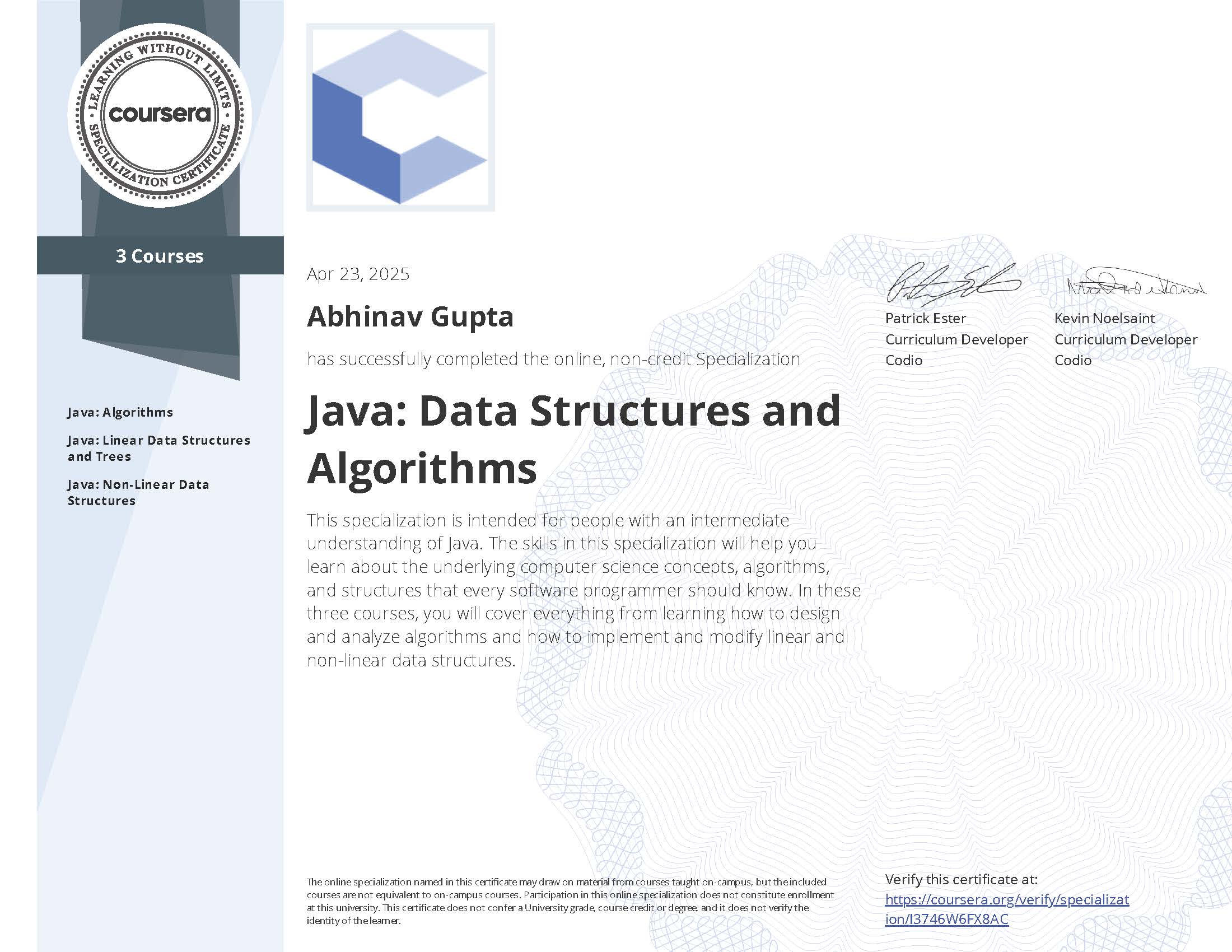 Java Data Structures and Algorithms Certificate Preview